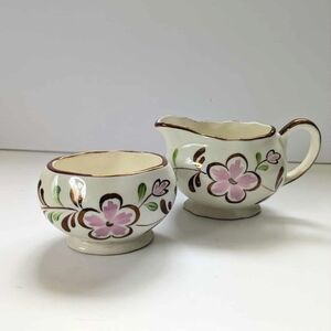 Antique Hand Painted Cream & Sugar Set Gray's Pottery Pink Floral Vintage Boho